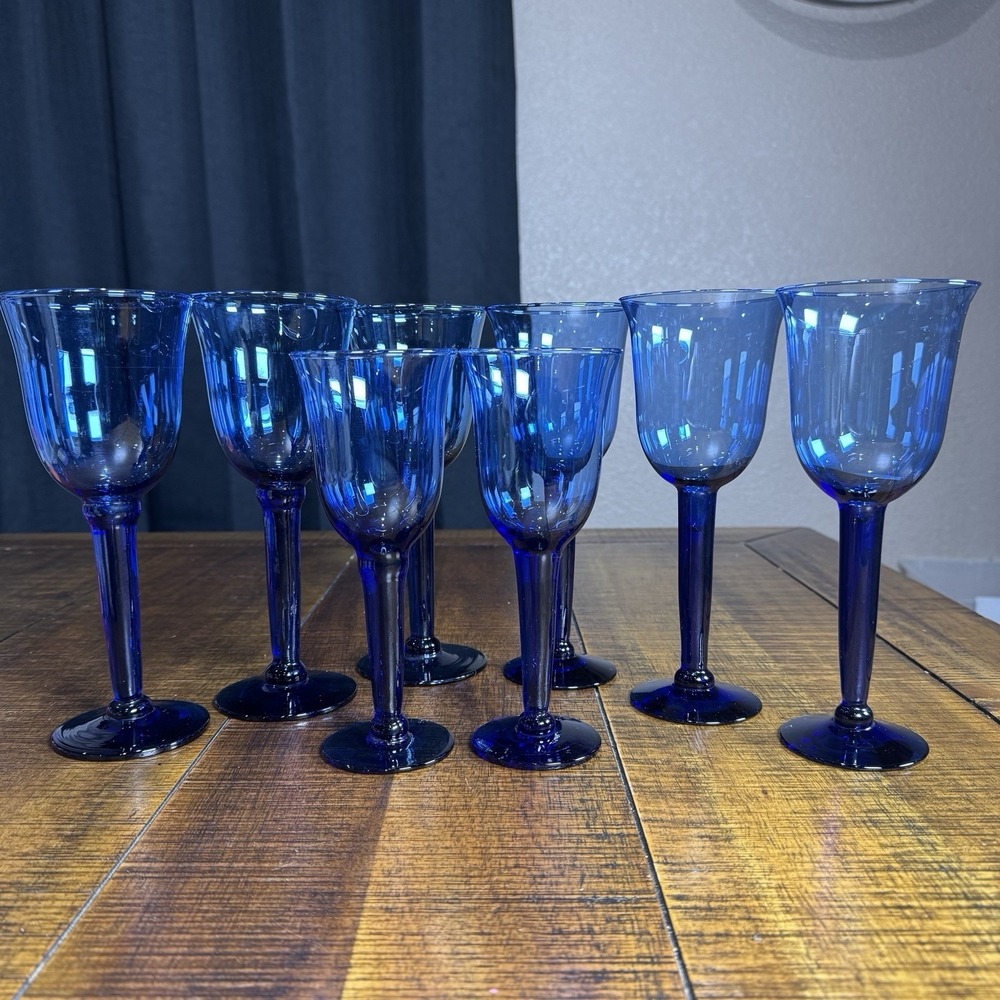 Vintage Mexican Handblown Cobalt Blue Wine Art Glass Goblets Set of 8 Stemware